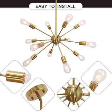 VINLUZ Modern Sputnik Chandelier 12 Light Brushed Brass Mid Century Pendant Lighting Rustic Ceiling Lights Fixtures for Dinning Room Kitchen Foyer