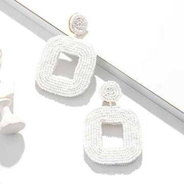 Boderier Beaded Drop Earrings Bohemian Beaded Square Hoop Dangle Statement Earrings (White)