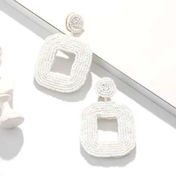Boderier Beaded Drop Earrings Bohemian Beaded Square Hoop Dangle Statement Earrings (White)