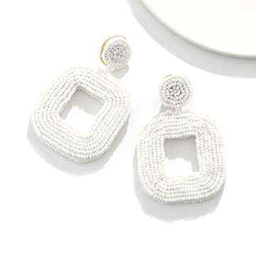 Boderier Beaded Drop Earrings Bohemian Beaded Square Hoop Dangle Statement Earrings (White)