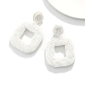 Boderier Beaded Drop Earrings Bohemian Beaded Square Hoop Dangle Statement Earrings (White)