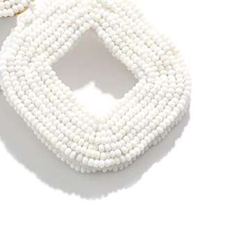 Boderier Beaded Drop Earrings Bohemian Beaded Square Hoop Dangle Statement Earrings (White)