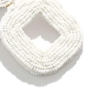 Boderier Beaded Drop Earrings Bohemian Beaded Square Hoop Dangle Statement Earrings (White)