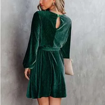 Women's Velvet Tie Dress Wrap Crewneck Tie Waist Long Sleeve Casual Party Dresses Green