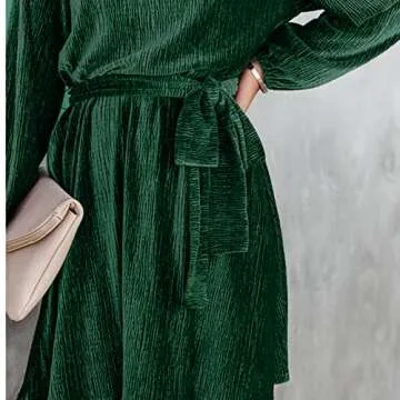 Women's Velvet Tie Dress Wrap Crewneck Tie Waist Long Sleeve Casual Party Dresses Green