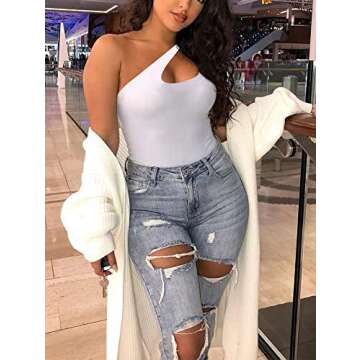 LCNBA Women's Sexy One Shoulder Sleeveless Cut Out Bodysuit Tank Tops White Medium