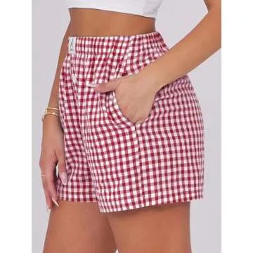 ANRABESS Boxer Shorts for Women Gingham Pajama 2025 Summer Casual Lounge Sleep Plaid Shorts Y2K Beach Bottoms Red White Plaid Medium