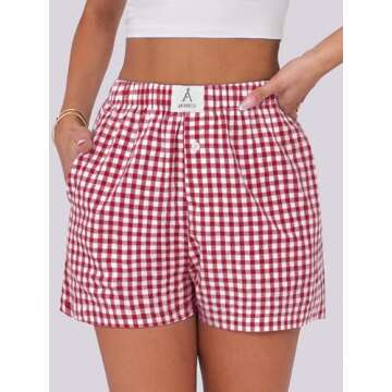 ANRABESS Boxer Shorts for Women Gingham Pajama 2025 Summer Casual Lounge Sleep Plaid Shorts Y2K Beach Bottoms Red White Plaid Medium