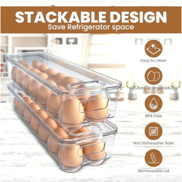 Utopia Home Egg Container With Lid and Handle for Refrigerator - Pack of 1 - Clear Stackable Egg Holder for Kitchen Storage and organization