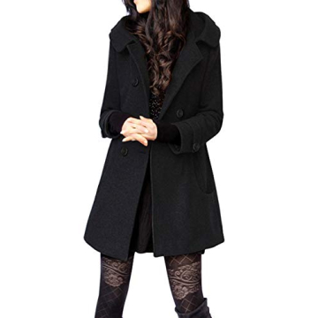 Tanming Women's Warm Double Breasted Wool Pea Coat with Hood - Stylish Black Trench Jacket for Cold ...