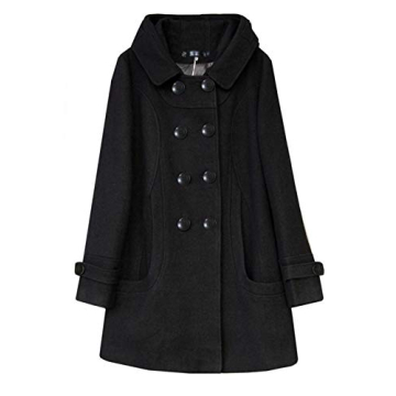 Tanming Women's Wool Pea Coat with Hood - Black