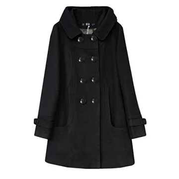 Tanming Women's Wool Pea Coat with Hood - Black
