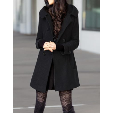 Tanming Women's Wool Pea Coat with Hood - Black