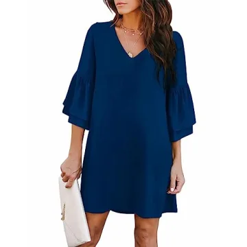 BELONGSCI Women's 2023 Summer Dress Sweet & Cute V-Neck Bell Sleeve Shift Dress Mini Dress, Perfect ...