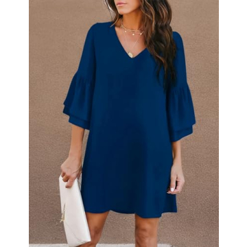BELONGSCI Women's 2023 Summer Dress Sweet & Cute V-Neck Bell Sleeve Shift Dress Mini Dress, Perfect for Wedding or Graduation