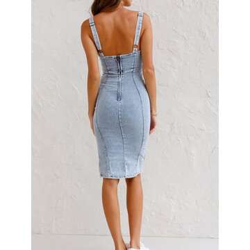 Women's Scoop Neck Zip Up Denim Tank Dress Sleeveless Strap Side Slit Bodycon Midi Jean Dresses, Blue 1, Small