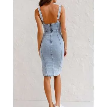Women's Scoop Neck Zip Up Denim Tank Dress Sleeveless Strap Side Slit Bodycon Midi Jean Dresses, Blue 1, Small