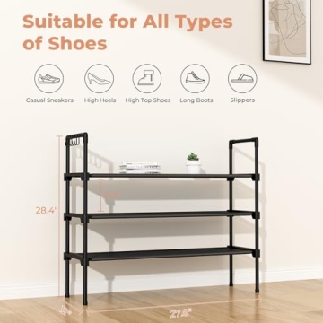 LANTEFUL 3 Tier Shoe Rack for Closet, Shoe Organizer with 5 Hooks, Long Shoe Shelf Storage for Shoe and Boot Stackable Free Standing Shoe Rack for Entryway, Garage, Small Spaces, Dorm, Black