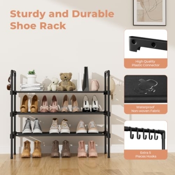 LANTEFUL 3 Tier Shoe Rack for Closet, Shoe Organizer with 5 Hooks, Long Shoe Shelf Storage for Shoe and Boot Stackable Free Standing Shoe Rack for Entryway, Garage, Small Spaces, Dorm, Black