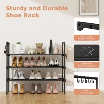 LANTEFUL 3 Tier Shoe Rack for Closet, Shoe Organizer with 5 Hooks, Long Shoe Shelf Storage for Shoe and Boot Stackable Free Standing Shoe Rack for Entryway, Garage, Small Spaces, Dorm, Black