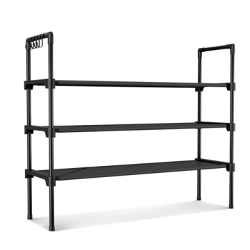 LANTEFUL 3 Tier Shoe Rack for Closet, Shoe Organizer with 5 Hooks, Long Shoe Shelf Storage for Shoe and Boot Stackable Free Standing Shoe Rack for Entryway, Garage, Small Spaces, Dorm, Black