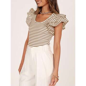 ZESICA Women's Ruffle Short Sleeve Striped T Shirts Summer Scoop Neck Slim Fitted Causal Basic Tee Tops,Khaki,Small