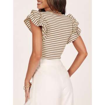 ZESICA Women's Ruffle Short Sleeve Striped T Shirts Summer Scoop Neck Slim Fitted Causal Basic Tee Tops,Khaki,Small