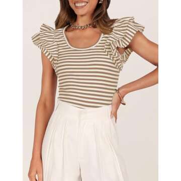 ZESICA Women's Ruffle Short Sleeve Striped T Shirts Summer Scoop Neck Slim Fitted Causal Basic Tee Tops,Khaki,Small