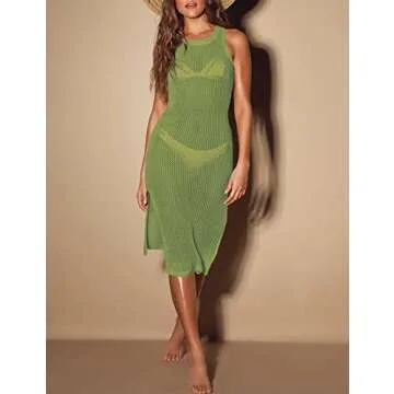 Bsubseach Sexy See Through Swimsuit Cover Ups for Women Hollow Out Crochet Long Side Split Beach Wear Dress Army Green