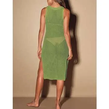 Bsubseach Sexy See Through Swimsuit Cover Ups for Women Hollow Out Crochet Long Side Split Beach Wear Dress Army Green