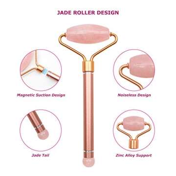 Jade Roller and Gua Sha, Face Roller Kit for Women,Natural Rose Quartz Massager for Face,Eyes,Neck,Reduce Swelling and Anti Wrinkle, Noiseless and Magnetic Suction
