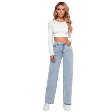 SweatyRocks Women's Casual Loose High Waist Solid Straight Wide Leg Jeans Light Wash M