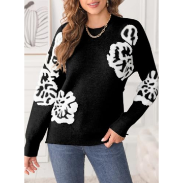 EVALESS Cute Sweaters Fall Outfits for Women 2024 Trendy Fashion Winter Crewneck Knit Loose Fitted Pullover Black Medium