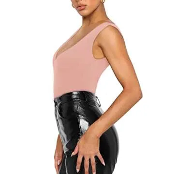 REORIA Women's Summer Sexy Plunge Deep V Neck Sleeveless Double Lined One Piece Tank Tops Thong Bodysuits Leotards for Going Out Pink Large