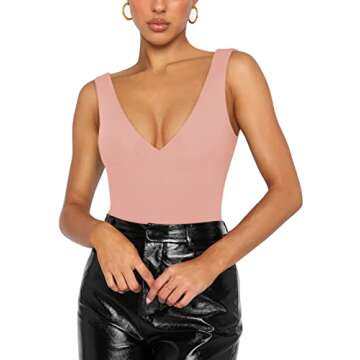 REORIA Women's Summer Sexy Plunge Deep V Neck Sleeveless Double Lined One Piece Tank Tops Thong Bodysuits Leotards for Going Out Pink Large
