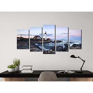 Wieco Art Portland Lighthouse 5 Panels Canvas Wall Art for Home Décor
