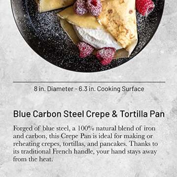 De Buyer Blue Carbon Steel Crepe & Tortilla Pan - 8” Diameter, 7.5” Cooking Surface - Ideal for ...