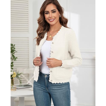 ZAFUL Women's Cardigan Sweaters 2024 Casual Long Sleeve Open Front Button Down Tweed Knit Cardigans Fall Jackets Outerwear White