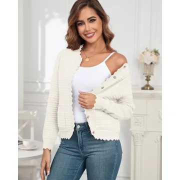 ZAFUL Women's Cardigan Sweaters 2024 Casual Long Sleeve Open Front Button Down Tweed Knit Cardigans Fall Jackets Outerwear White