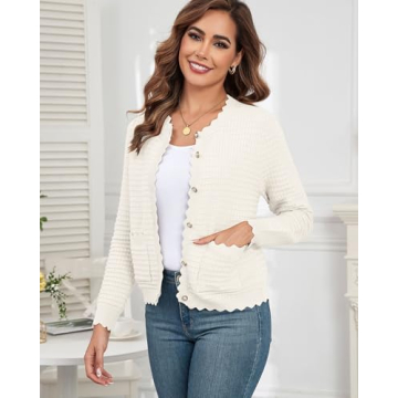 ZAFUL Women's Cardigan Sweaters 2024 Casual Long Sleeve Open Front Button Down Tweed Knit Cardigans Fall Jackets Outerwear White