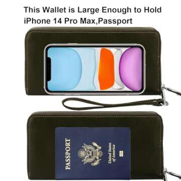 Lavemi Women's RFID Blocking 100% Leather Large Capacity Zip Around Wallet Phone Holder Clutch Travel Purse Wristlet(Large Size Pebble Black)