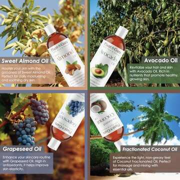 Carrier Oil Variety Set 4 oz. Cold Pressed 100% Pure Natural Sweet Almond, Avocado, Coconut Fractionated, Grapeseed. for Aromatherapy Essential Oils, Skin & Hair Growth, Moisturizer, Body Massage.