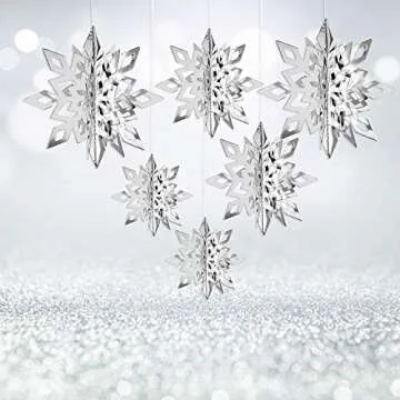 CCINEE 12 Pieces 3D Silver Snowflake Hanging Garland, Christmas Iridescent Paper Snowflakes String Ornaments for Classroom Ceiling Winter Wonderland Wall Hang Holiday New Year Home Decorations