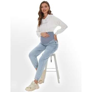 POSHGLAM Women's Maternity Jeans Over Belly Comfy Stretch Boyfriend Jeans Denim Pregnancy Pants(Light Blue, Small)