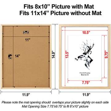 Yaetm 11x14 Wood Picture Frame with Mat for 8x10 Set of 4, Natural Solid Oak Wood 11x14 Frame with Tempered Glass for Horizontal and Vertical Wall Mounting (4 pack, Oak)
