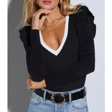 Women's V Neck Long Sleeve Fall Top Ribbed Knit Ruffle Shirts Trendy Work Tunic Tops Sexy Blouses Sweaters Outfits Black L