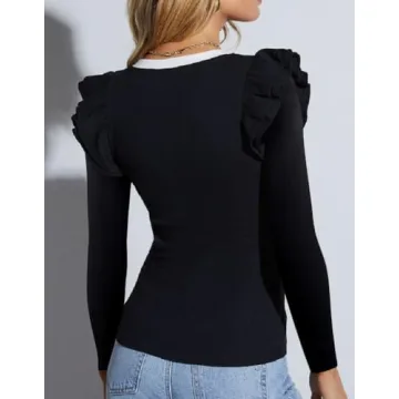Women's V Neck Long Sleeve Fall Top Ribbed Knit Ruffle Shirts Trendy Work Tunic Tops Sexy Blouses Sweaters Outfits Black L