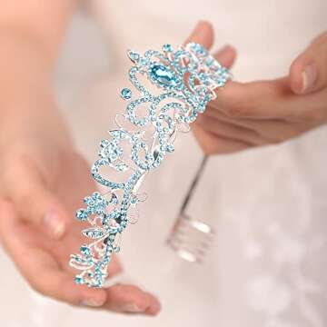 JWICOS Silver Tiara for Women Light Blue Crystal Tiara and Crown for Women and Brides Elegant Crown with Comb Princess Tiara Crown Headband for Wedding Prom Birthday Party (Light Blue)