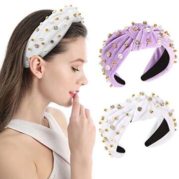 Wide Rhinestone Headband For Women Pearl Headband For Girls White Top Knot Headband With Beads For Women 2pcs