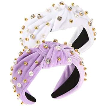 Wide Rhinestone Headband For Women Pearl Headband For Girls White Top Knot Headband With Beads For Women 2pcs